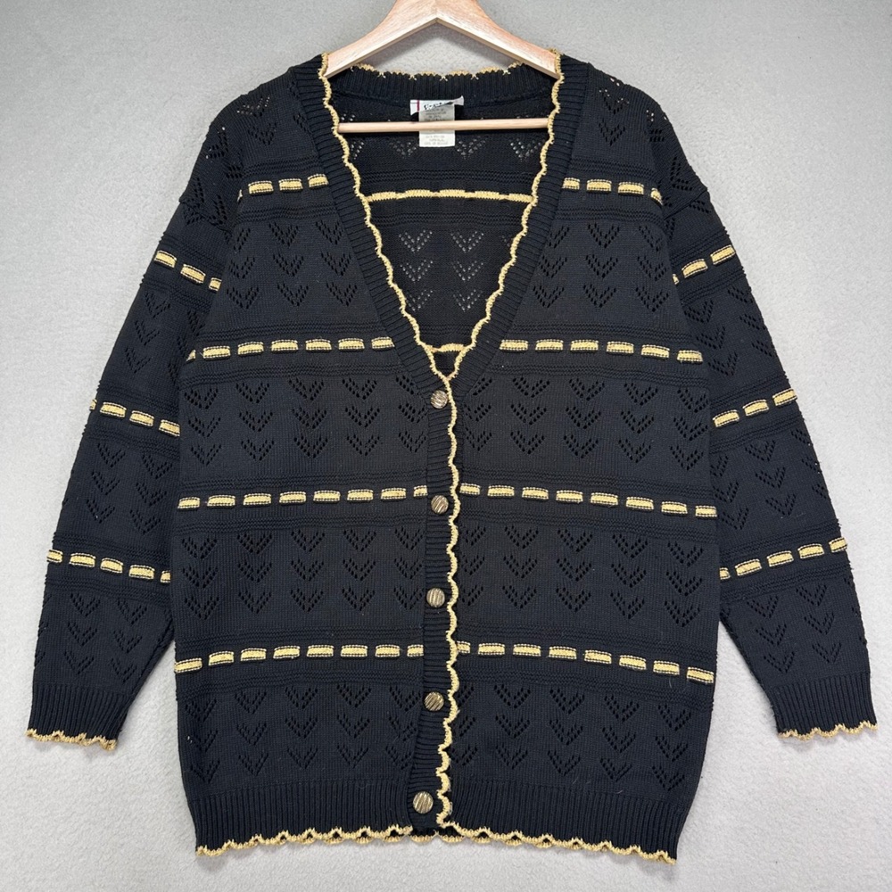 VTG Cricket Lane Cardigan Sweater Womens S Oversized BLK Gold Pointelle Coquette